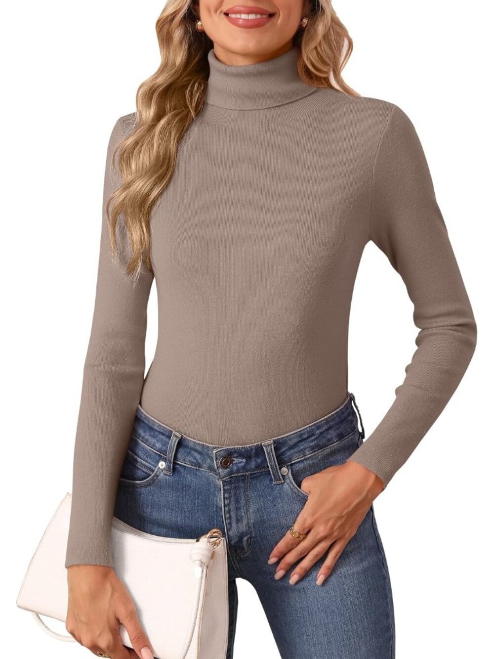 Women's Khaki Turtle Neck Long Sleeve Pull On Basic Thermal Ribbed Tops